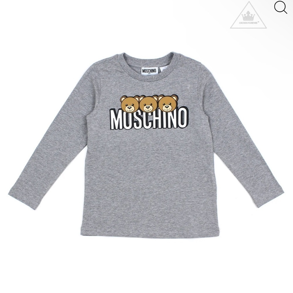 Moschino Kids Gray Long Sleeve Tee with Bear Design. Unisex